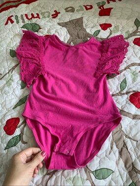 Zara Hot Pink Eyelet Flutter Sleeve One-Piece Bodysuit